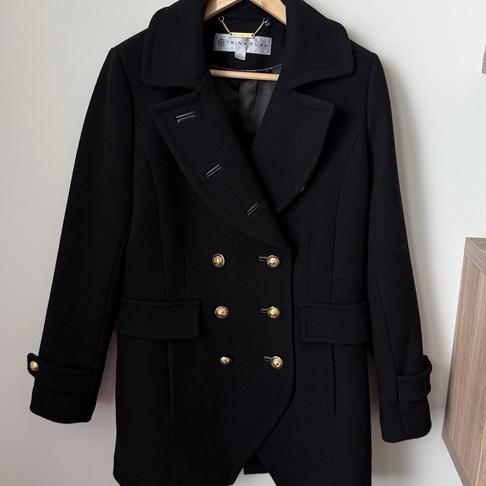 Trina Turk Black Pea Coat with Gold Buttons